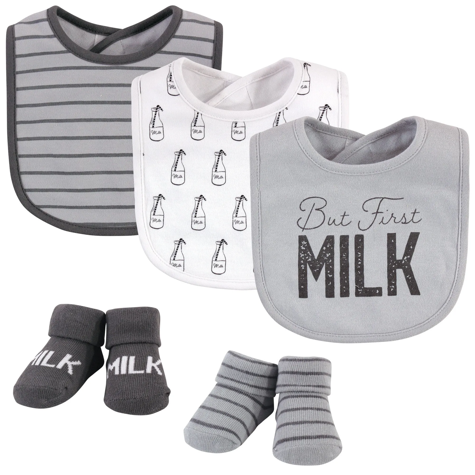 Hudson Baby Cotton Bib and Sock Set, But First Milk