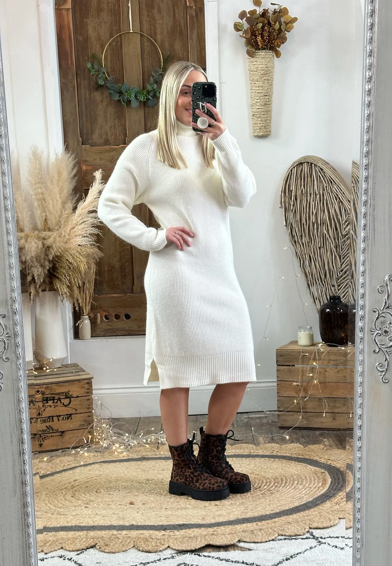 Ivory Chunky Knit Roll Neck Jumper Dress