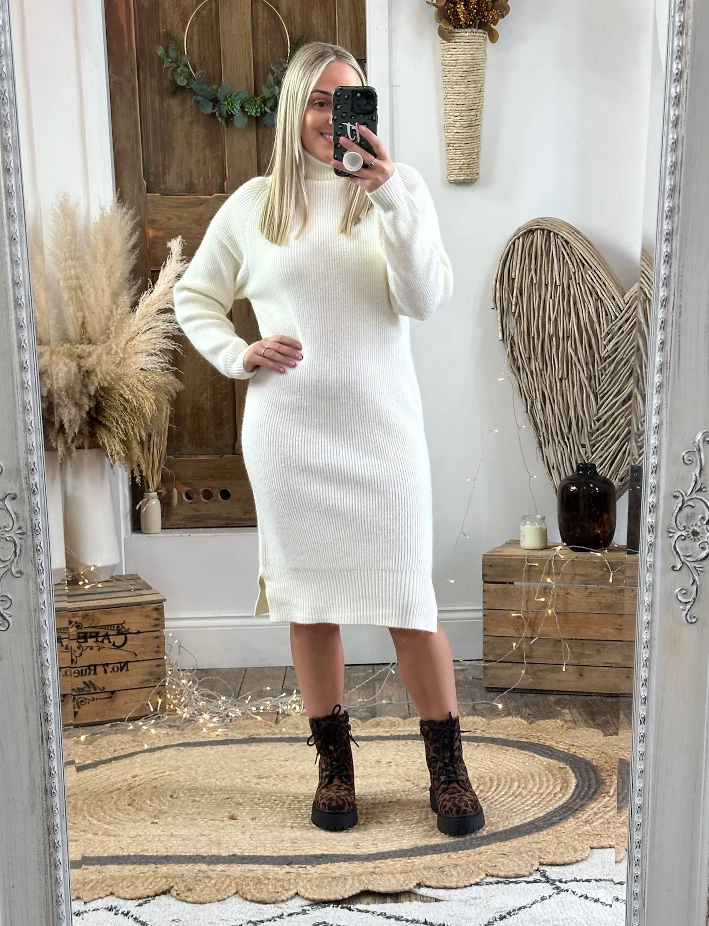 Ivory Chunky Knit Roll Neck Jumper Dress