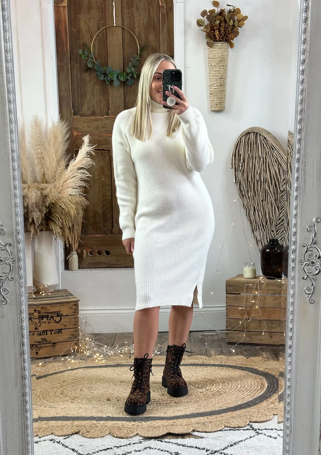 Ivory Chunky Knit Roll Neck Jumper Dress