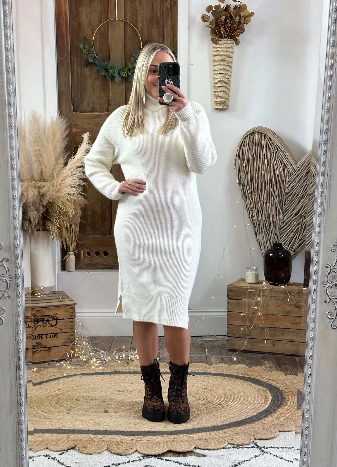 Ivory Chunky Knit Roll Neck Jumper Dress