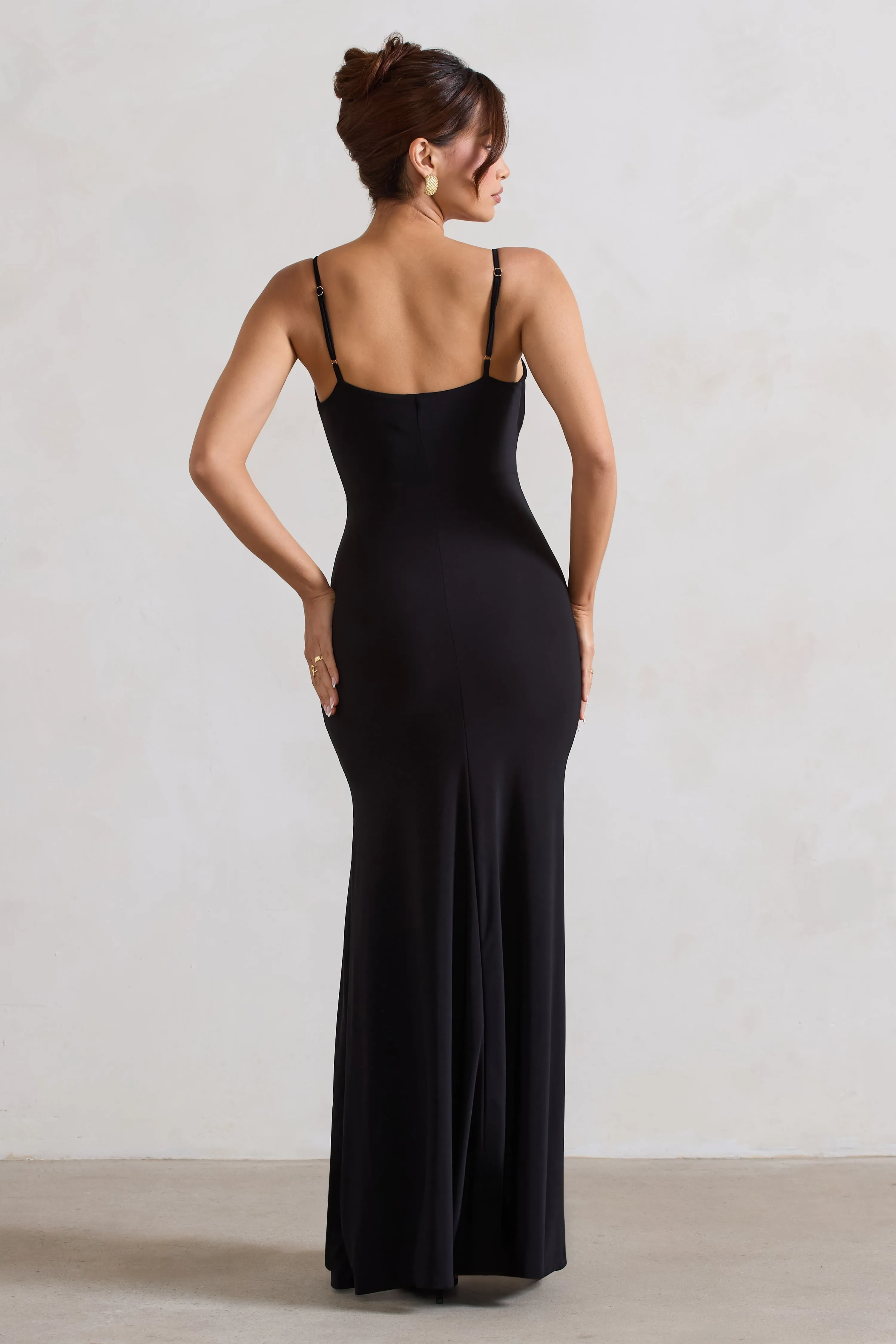 Jeanne | Black Plunge Ruched Cami Maxi Dress With Split