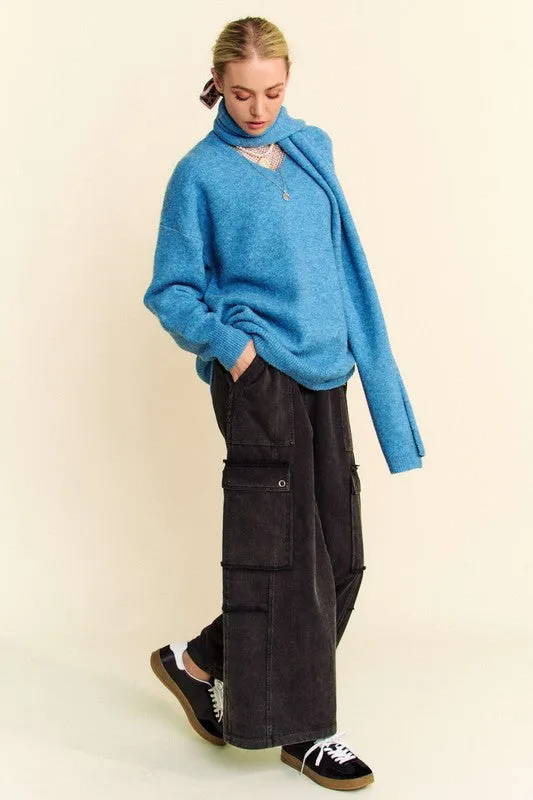 kesley V-Neck Dropped Shoulder Sweater with Scarf blue