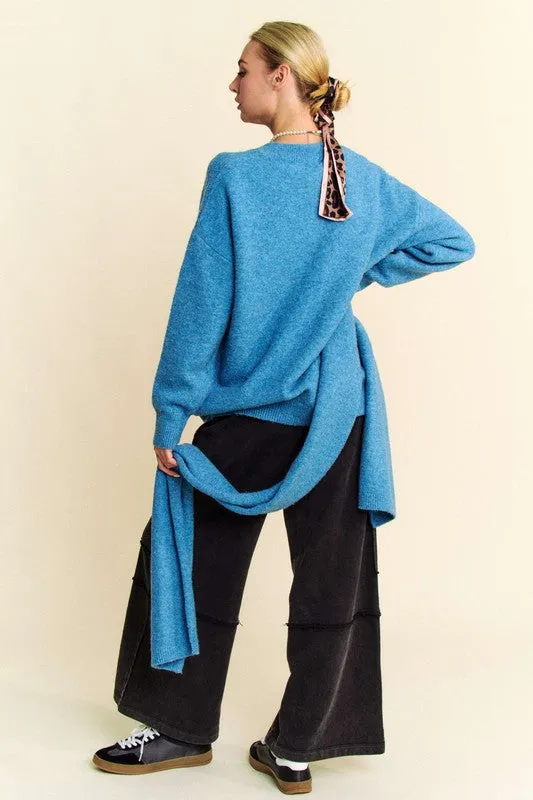 kesley V-Neck Dropped Shoulder Sweater with Scarf blue