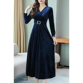 Ketty More Women Lovely Solid Colored V-Neck Thick Long Sleeve Slim Waist Mid-Length Autumn Party Dress-KMWDC60049