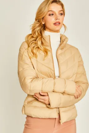 Khaki Zip Up Puffer Jacket With Storage Bag