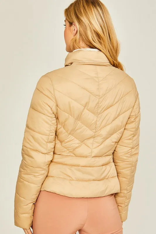 Khaki Zip Up Puffer Jacket With Storage Bag