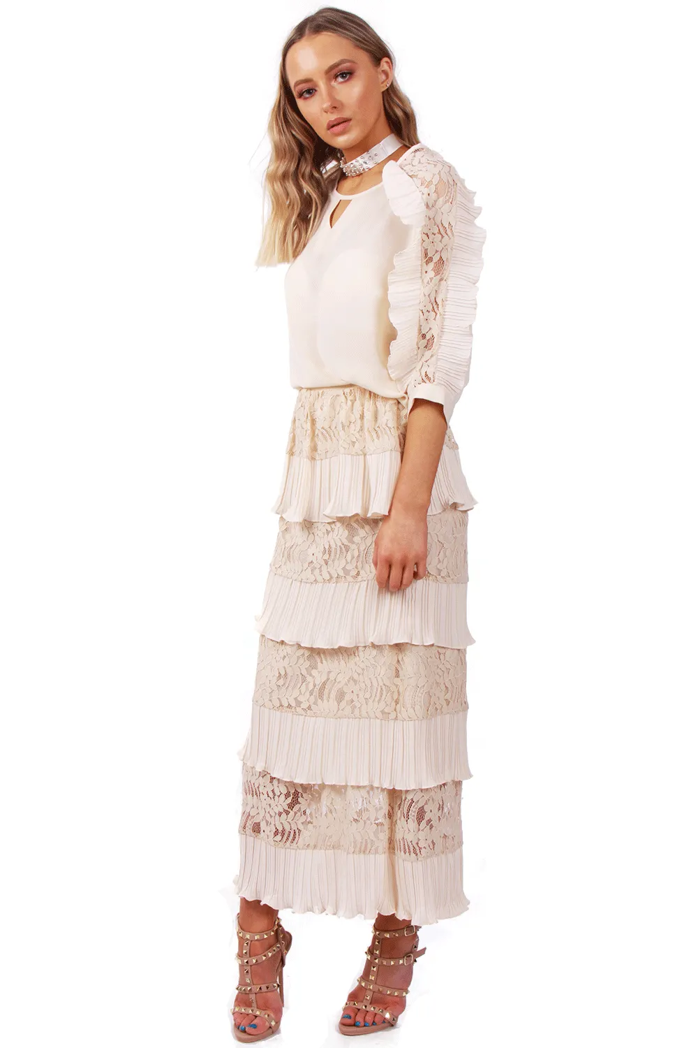 Lace Pleated Ruffle Maxi Skirt and Blouse Top Co-Ord Set