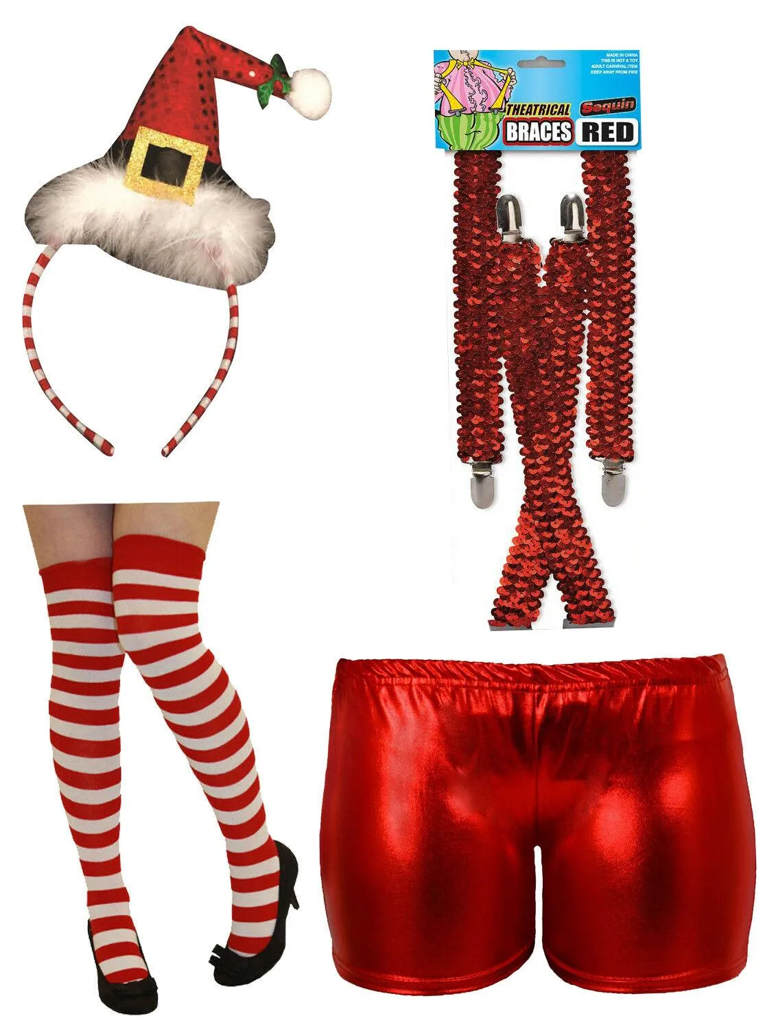 Ladies Santa Headband Socks Metallic Shorts Sequin Braces Xmas Fancy Dress