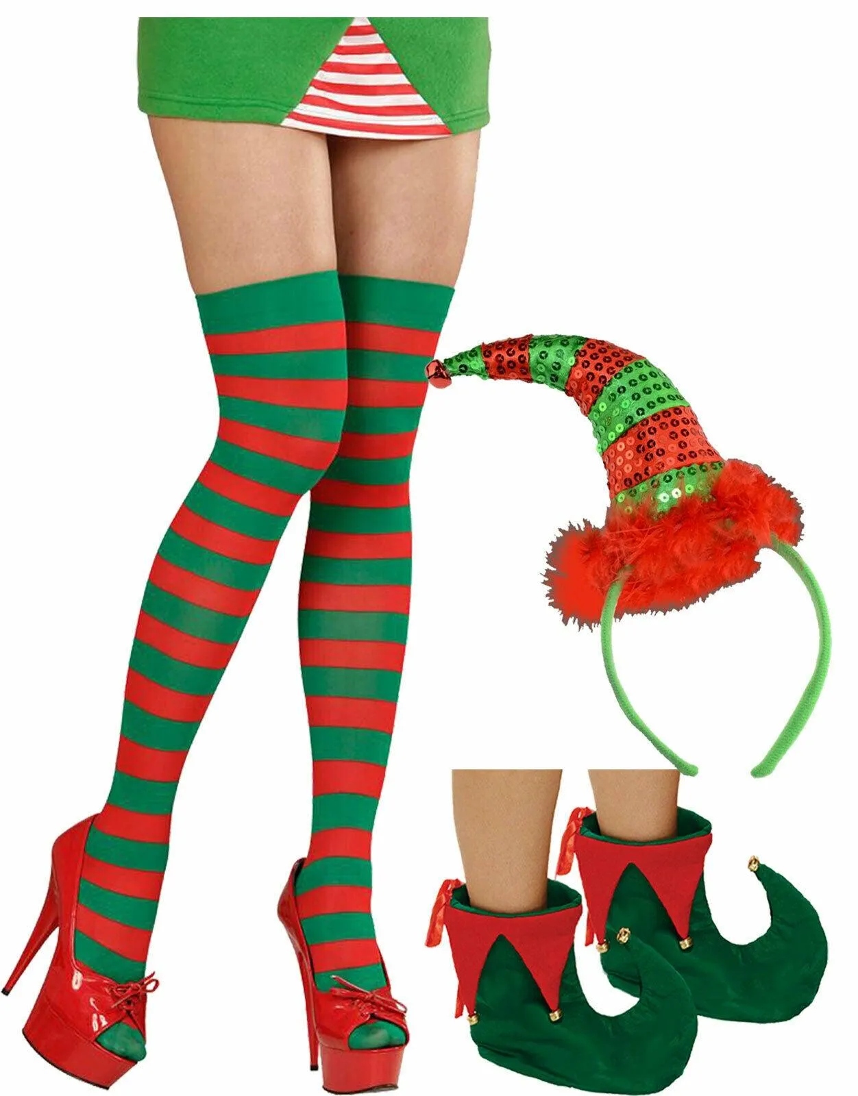 Ladies Sequin Elf Headband Stripy Socks Shoes Christmas Xmas Fancy Dress