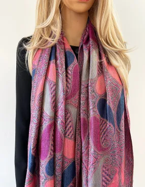 LARGE FUCHSIA PINK GINGHAM PAISLEY PRINT REVERSIBLE PASHMINA SHAWL SCARF