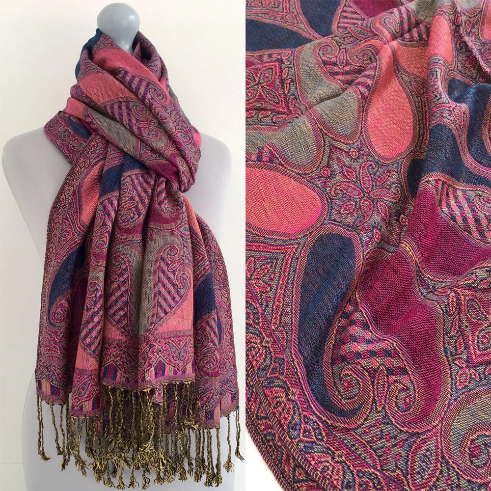 LARGE FUCHSIA PINK GINGHAM PAISLEY PRINT REVERSIBLE PASHMINA SHAWL SCARF