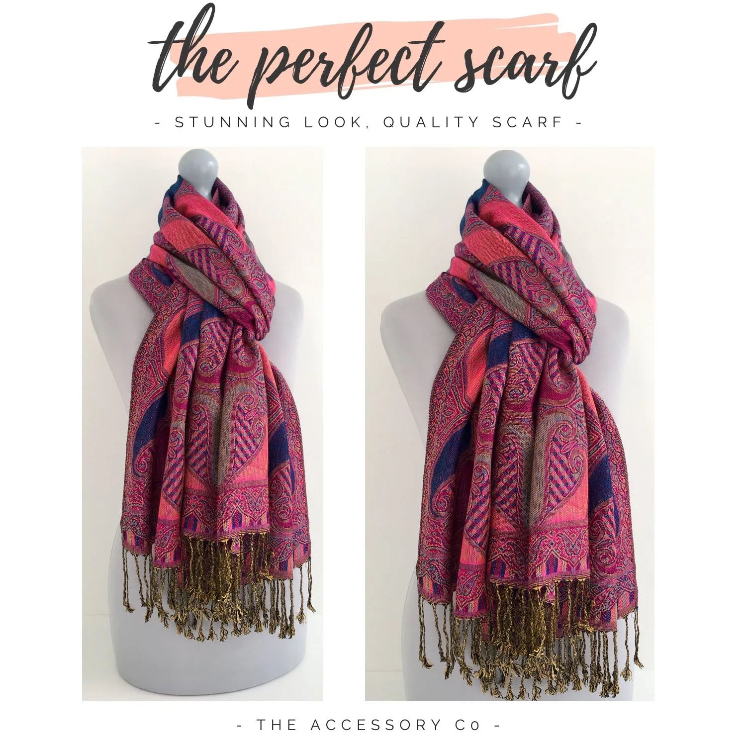 LARGE FUCHSIA PINK GINGHAM PAISLEY PRINT REVERSIBLE PASHMINA SHAWL SCARF