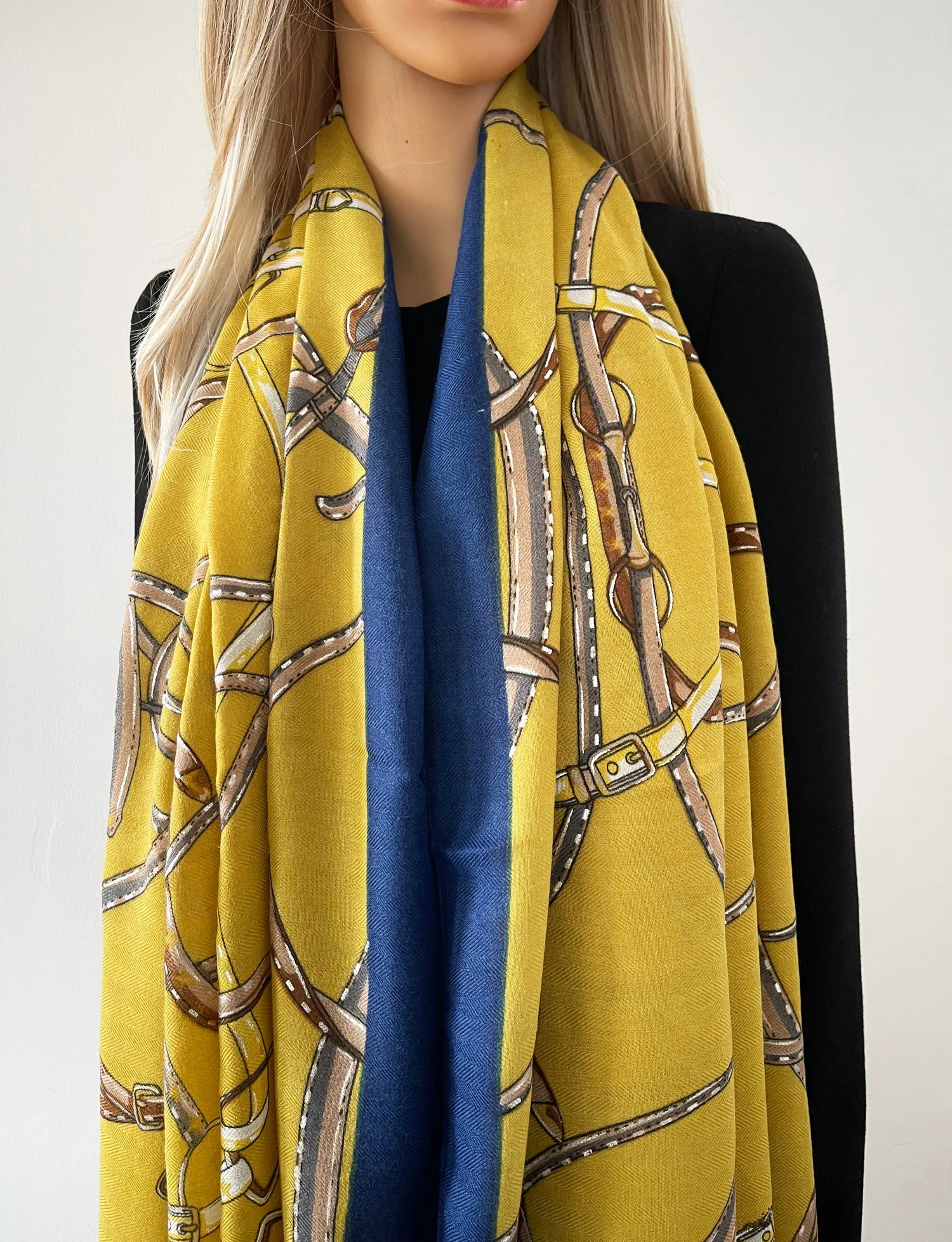 LARGE MUSTARD YELLOW CONTEMPORARY BUCKLE PRINT PASHMINA SHAWL SCARF