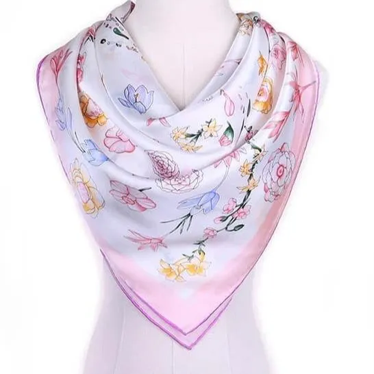 Large Square Satin Silk Scarf Spring Blossom Pink