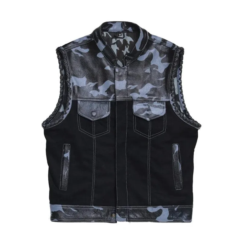 Leather vest Camo Style Denim Leather Motorcycle Vest Braided F1 Men's Leather Vest Biker Rider Club