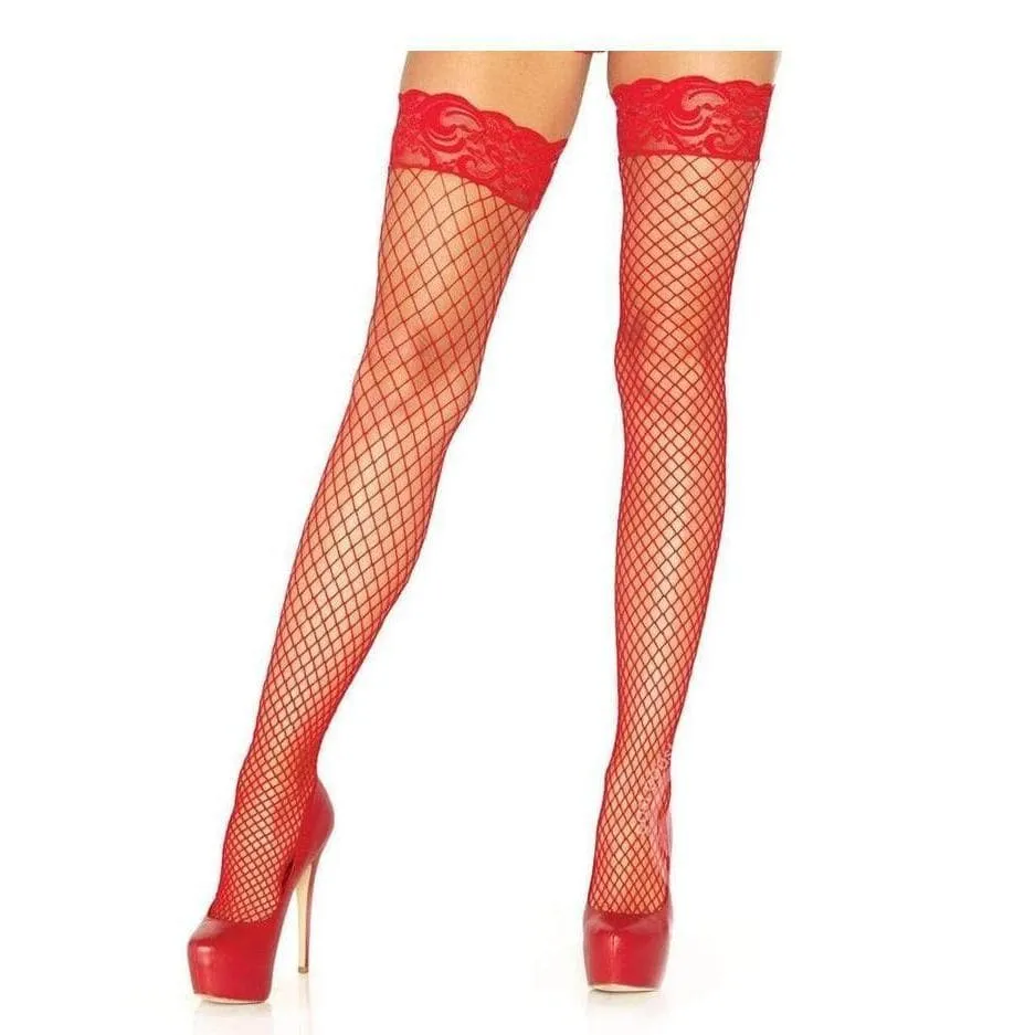 Leg Avenue Industrial Net Thigh Highs With Stay Up Silicone Lace Top Red