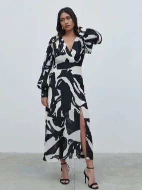 Lilianna Balloon Sleeve Midaxi Dress (Monochrome Abstract)