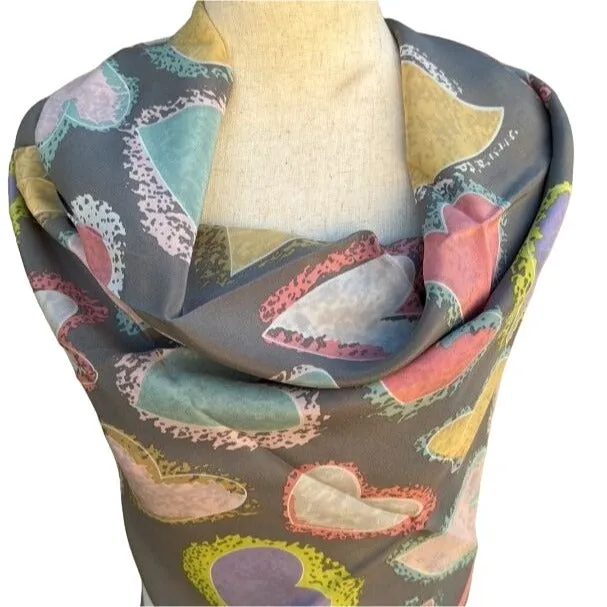 Linda Dano Signed Designer Vintage Grey Pink Silk Hearts Square Scarf Wrap Shawl