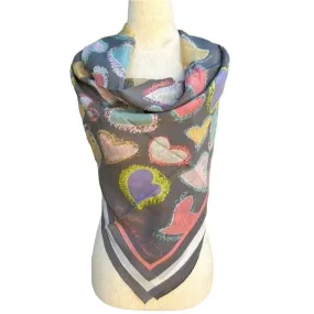 Linda Dano Signed Designer Vintage Grey Pink Silk Hearts Square Scarf Wrap Shawl