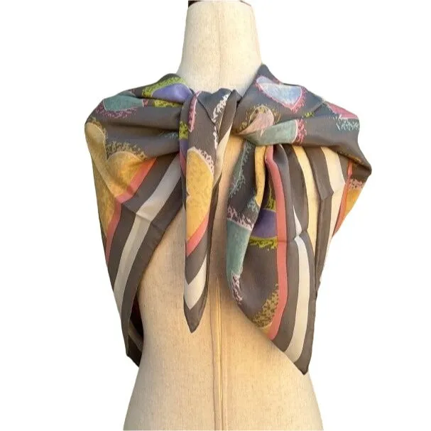 Linda Dano Signed Designer Vintage Grey Pink Silk Hearts Square Scarf Wrap Shawl