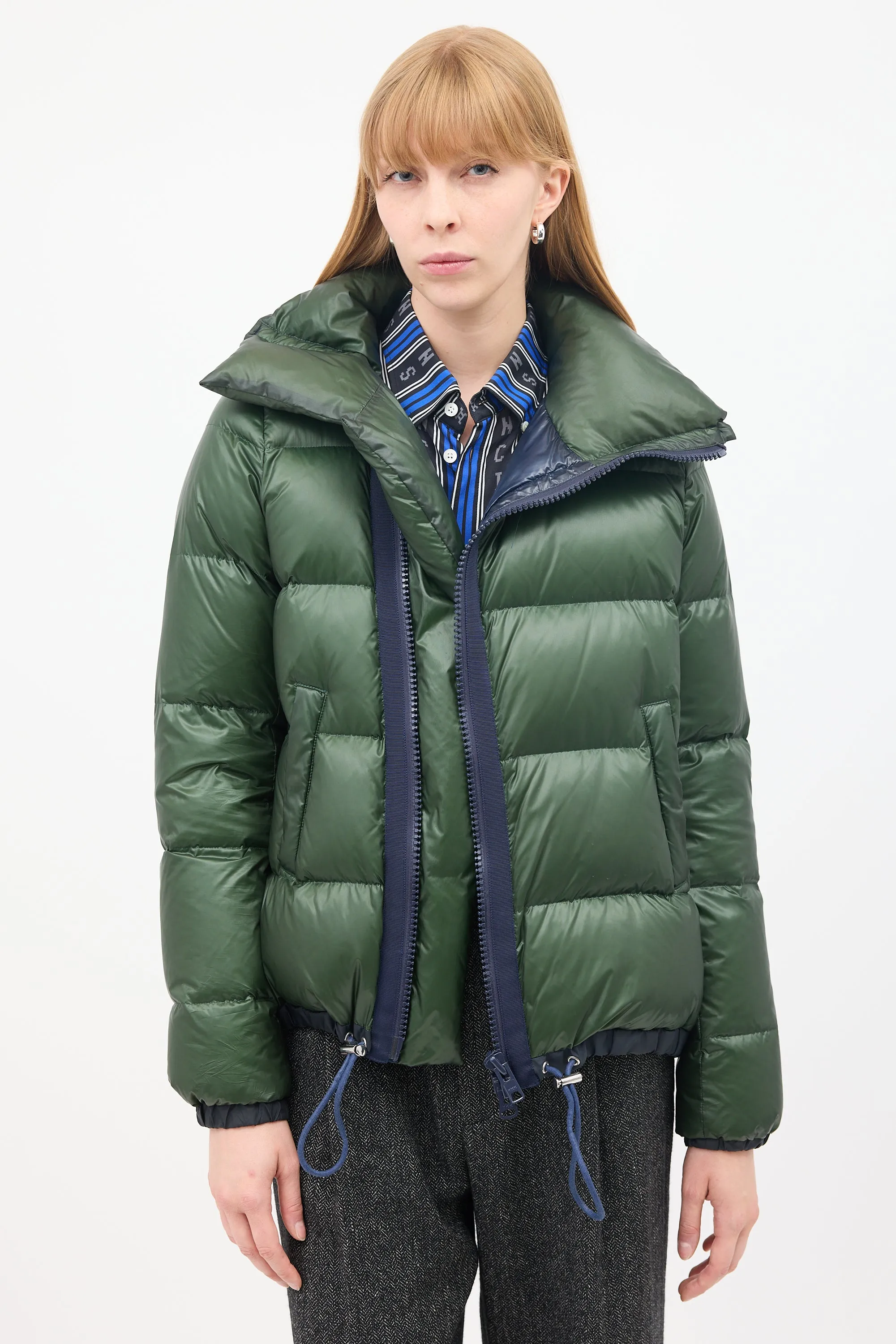 Luck Green Nylon Asymmetric Zip Puffer Jacket