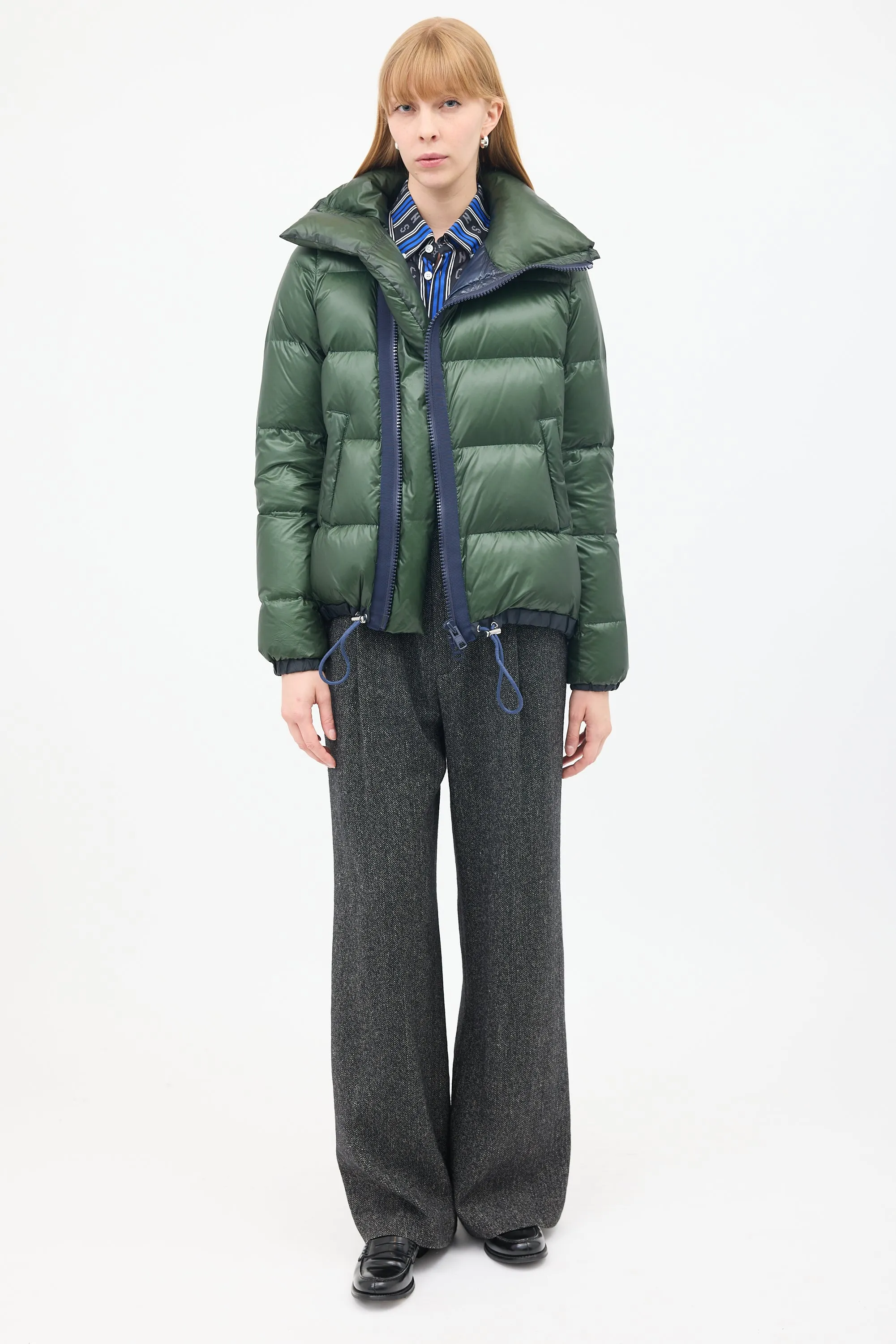 Luck Green Nylon Asymmetric Zip Puffer Jacket