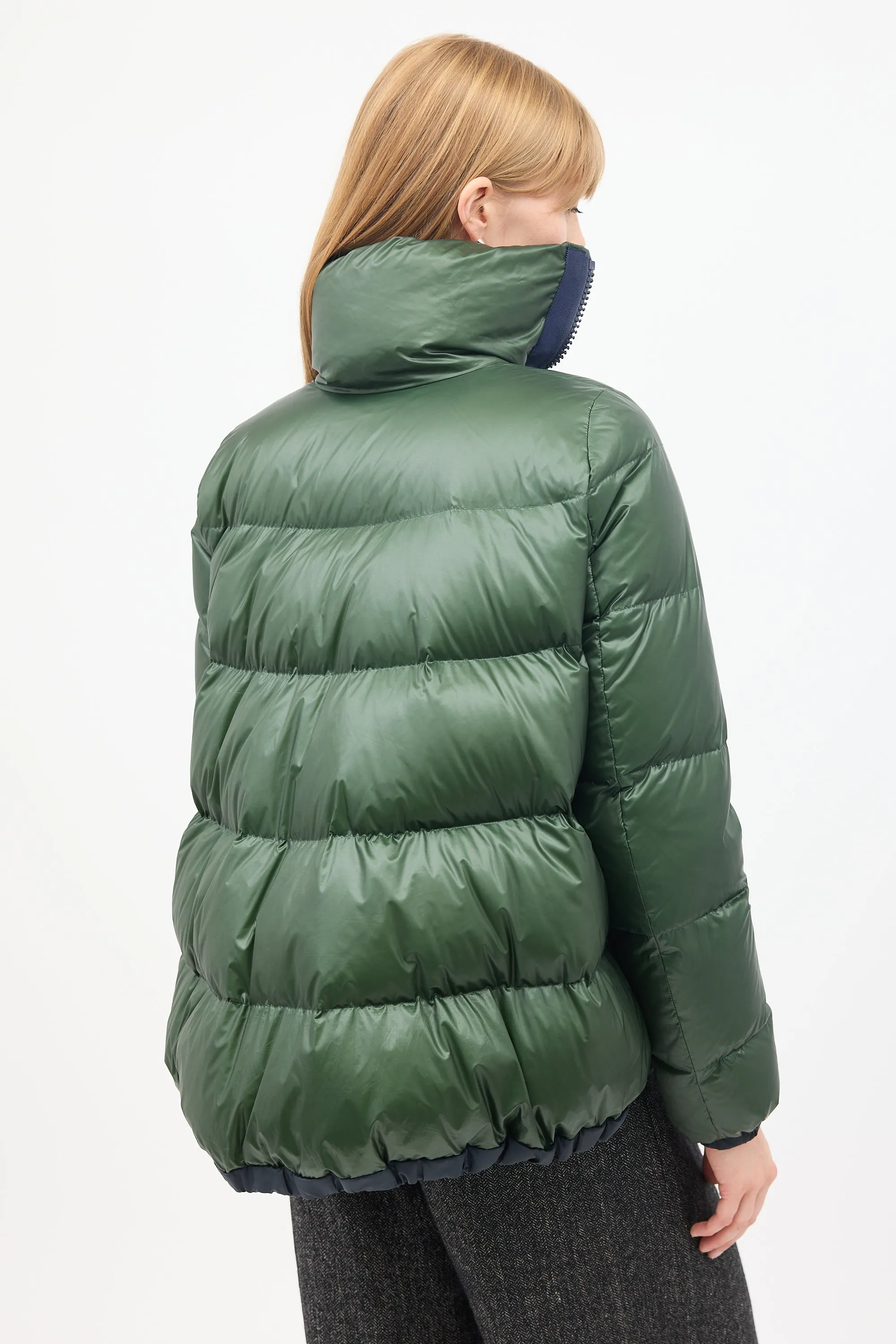 Luck Green Nylon Asymmetric Zip Puffer Jacket