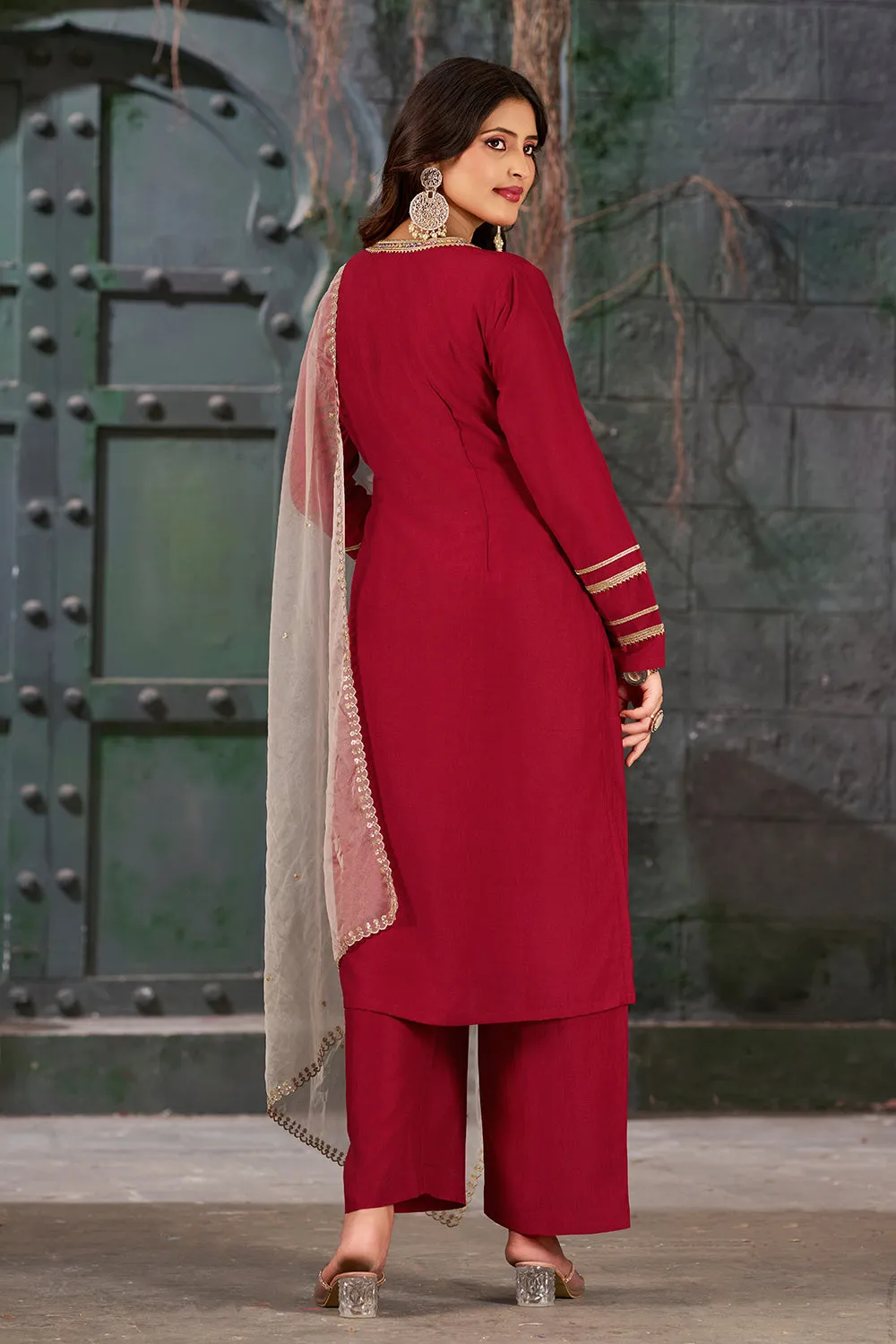 Maroon Straight Fit V-Neck Kurta Set with Trousers and Dupatta