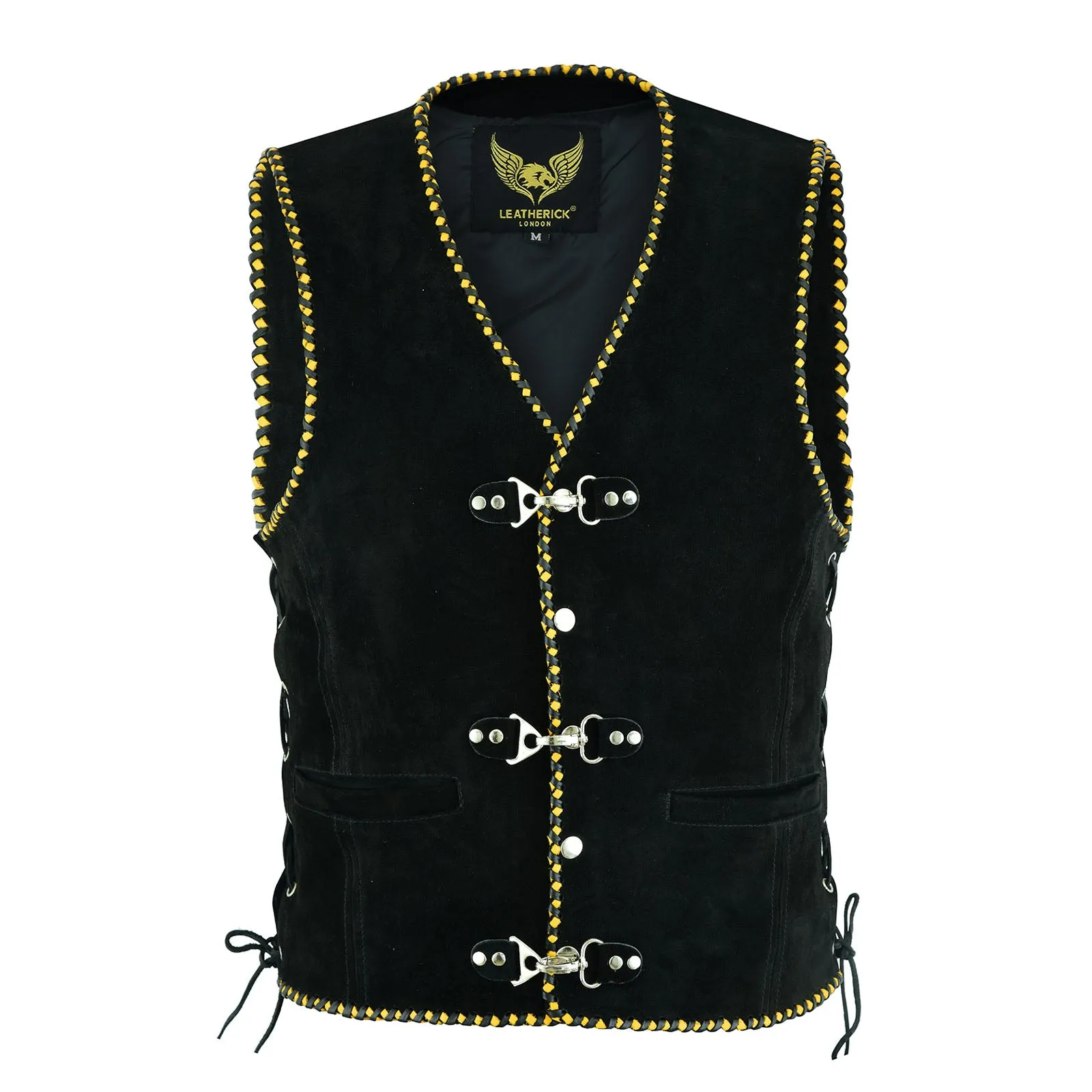 Men Australian Black Suede Biker Leather Vest with Yellow Braid