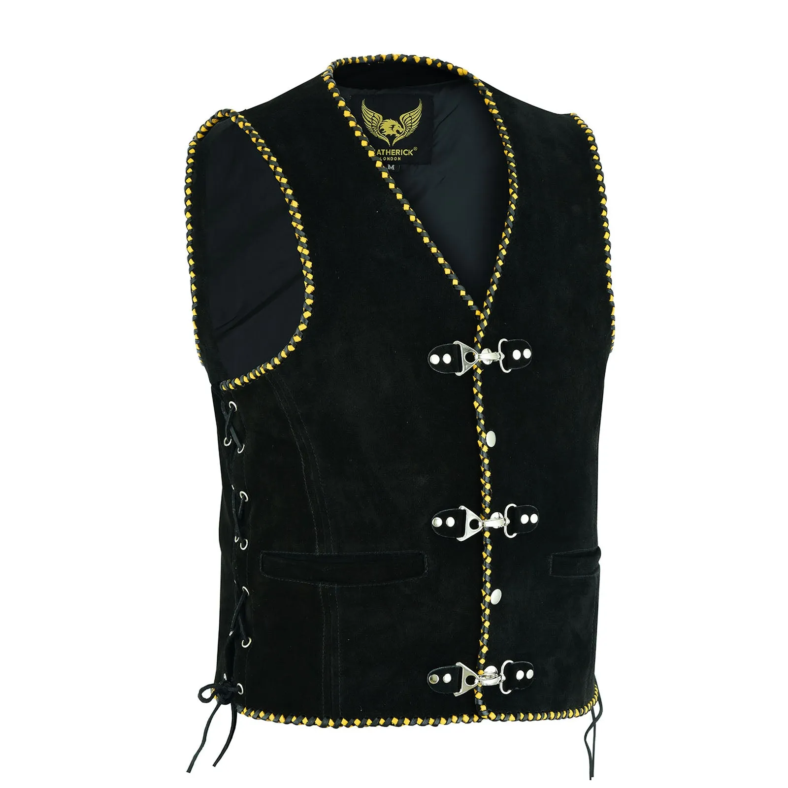 Men Australian Black Suede Biker Leather Vest with Yellow Braid