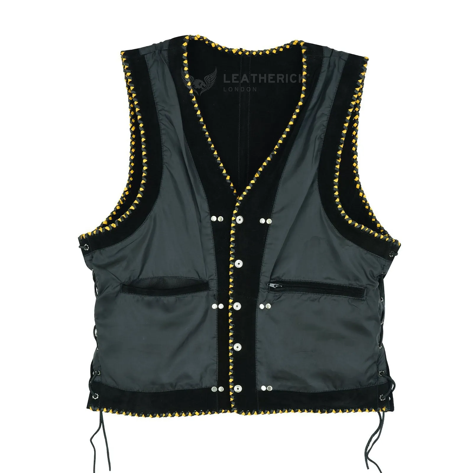 Men Australian Black Suede Biker Leather Vest with Yellow Braid