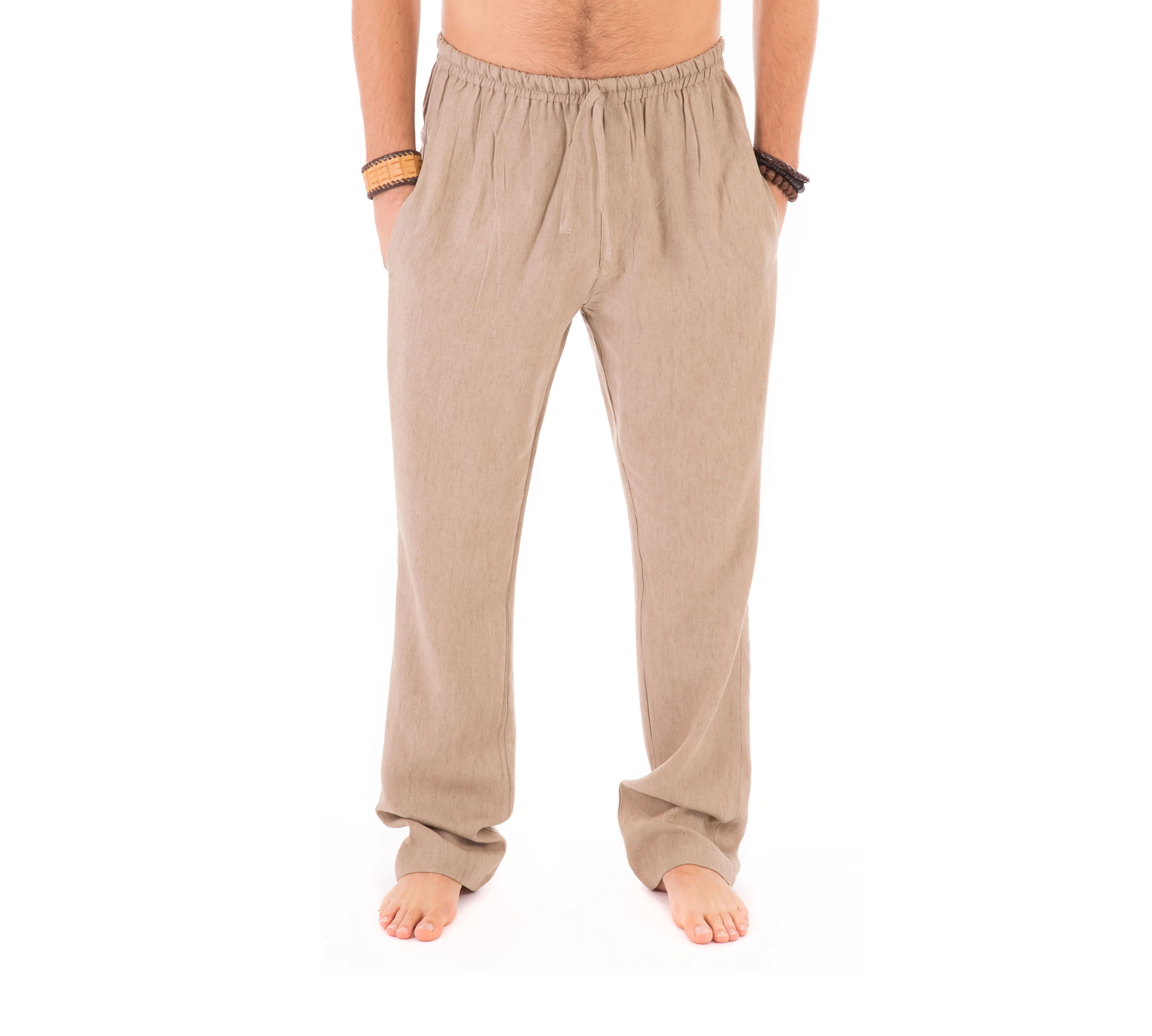 Mens Brown Trousers Cotton Yoga Casual Elasticated Waist Draw String Pockets