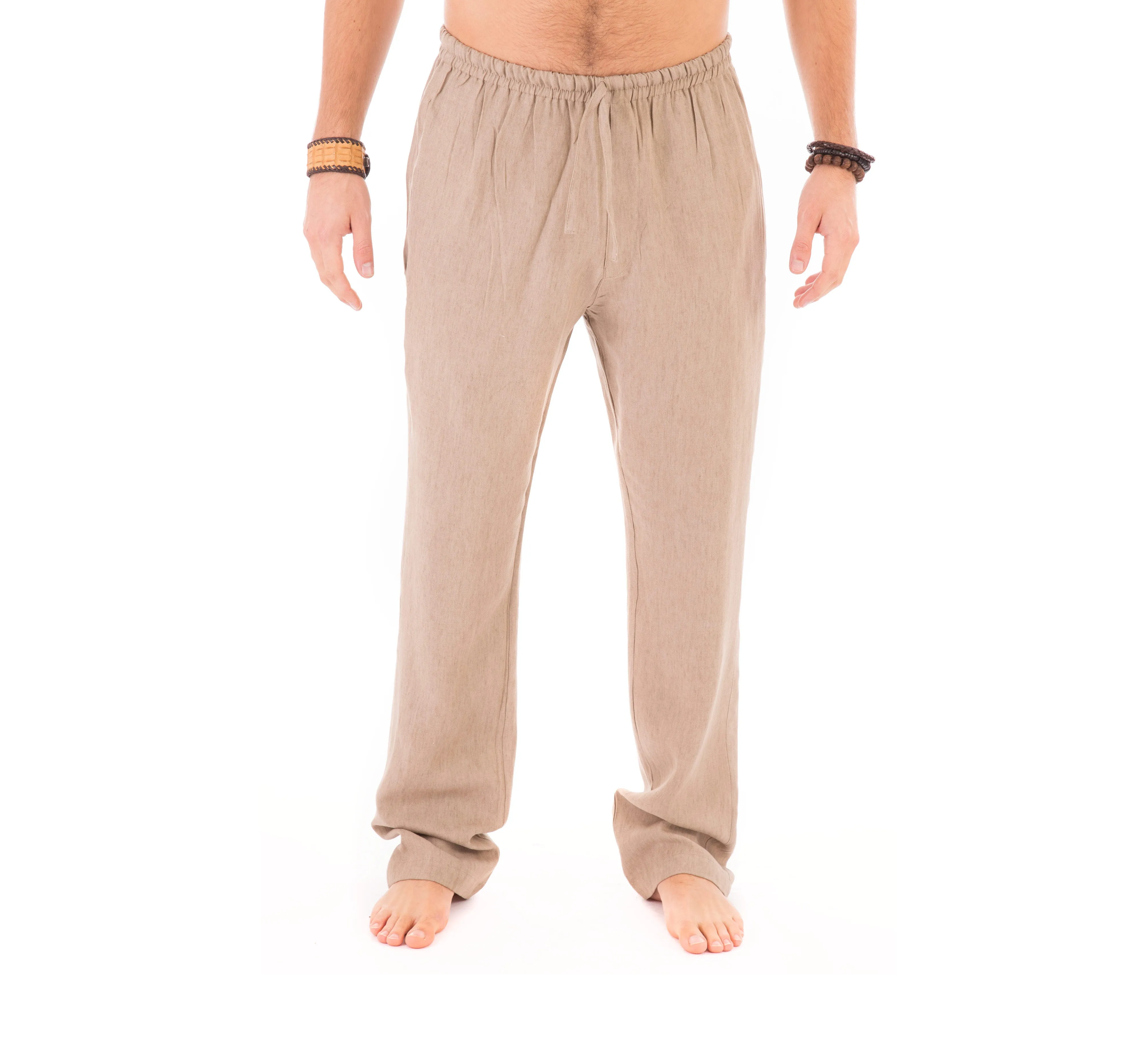 Mens Brown Trousers Cotton Yoga Casual Elasticated Waist Draw String Pockets