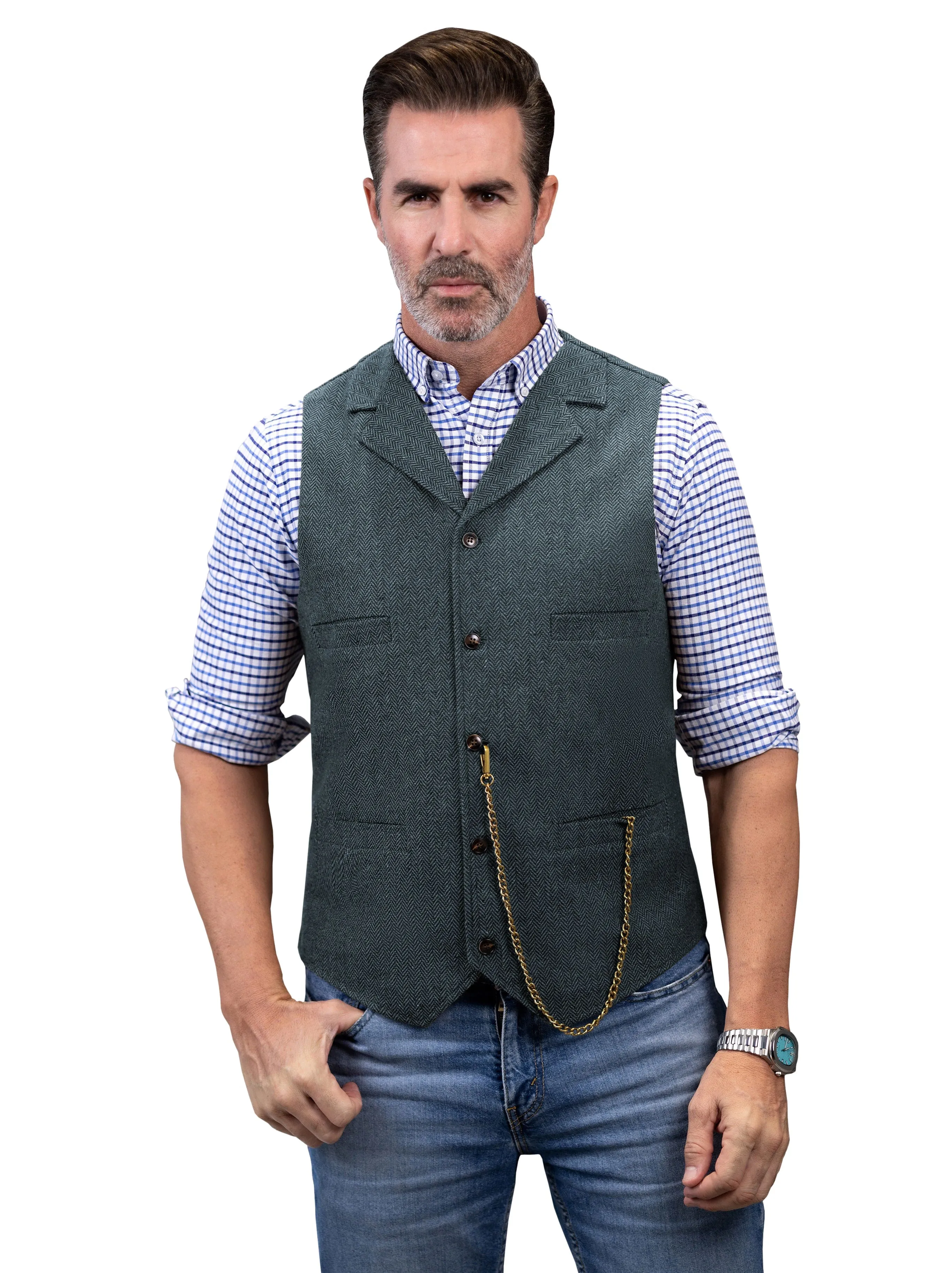 Men's Fashion Suit Vest Herringbone Notch Lapel Waistcoat