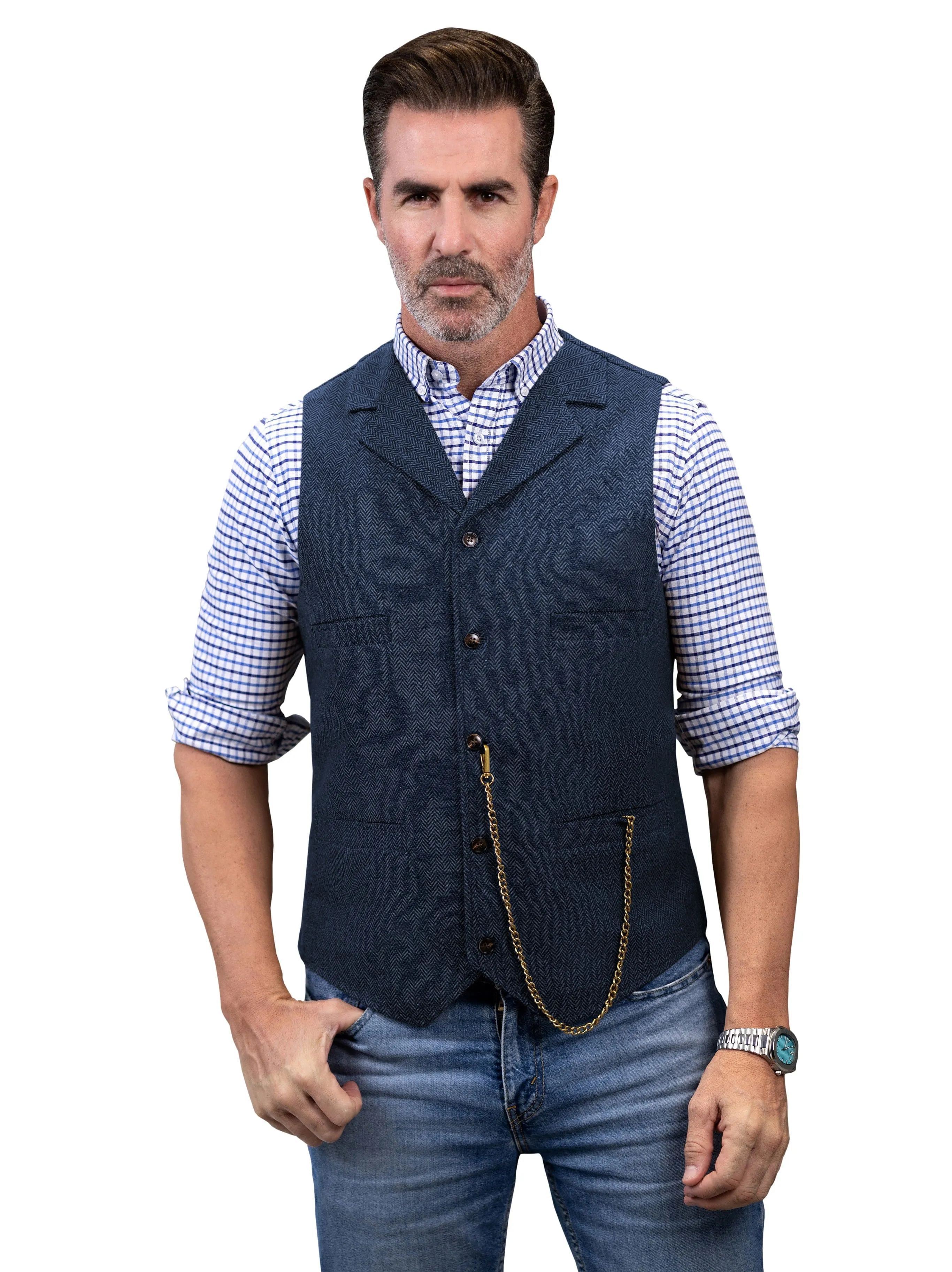 Men's Fashion Suit Vest Herringbone Notch Lapel Waistcoat