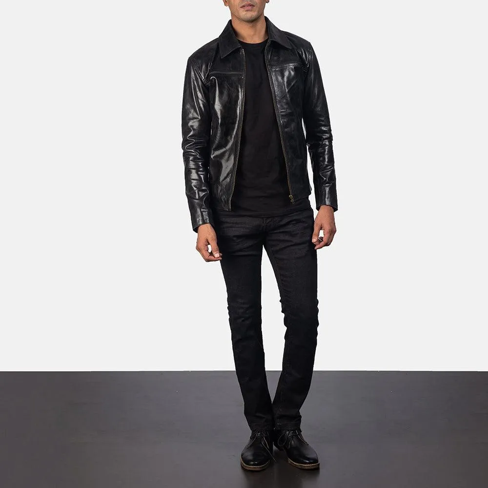 Mens Jet Black Leather Aviatot Jacket