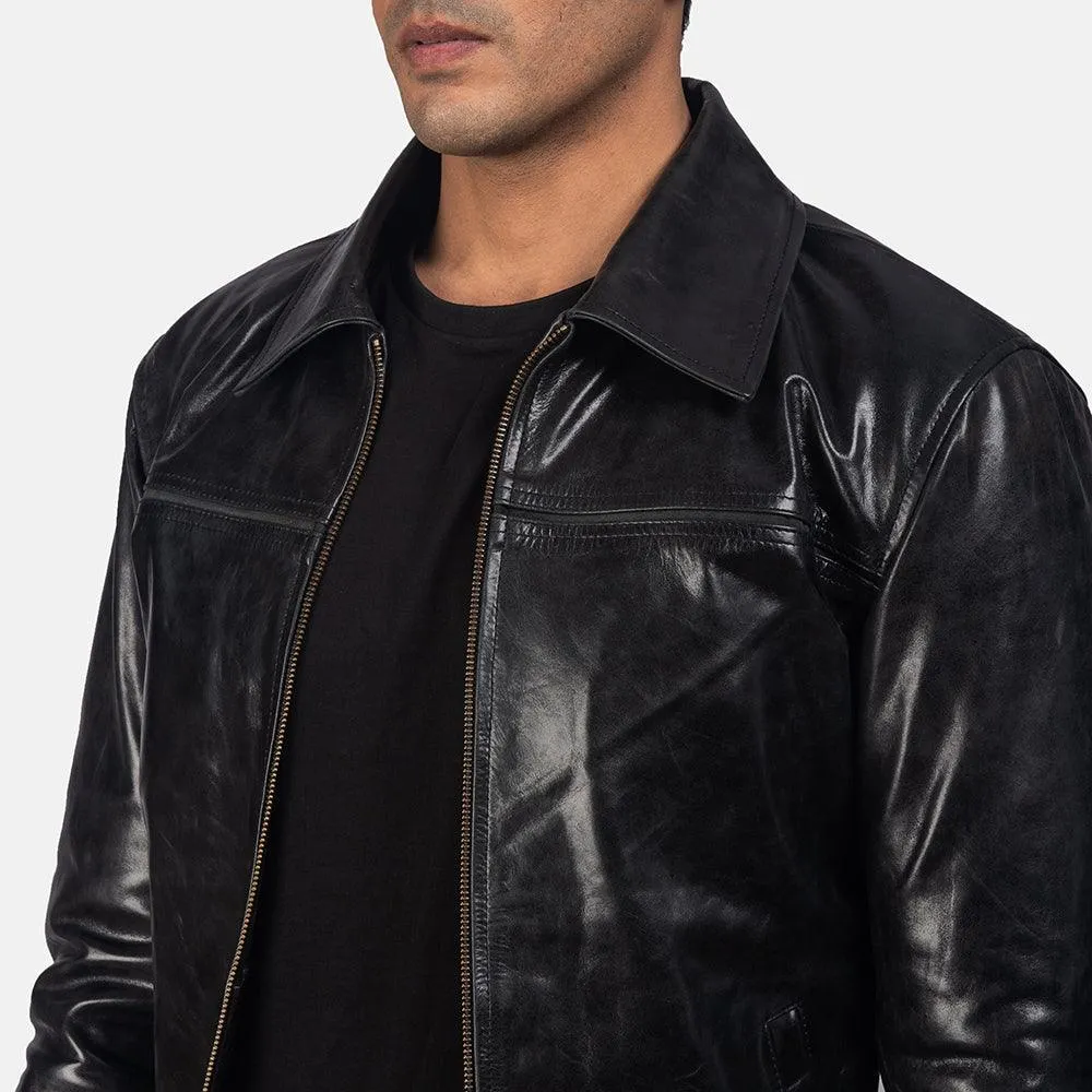 Mens Jet Black Leather Aviatot Jacket