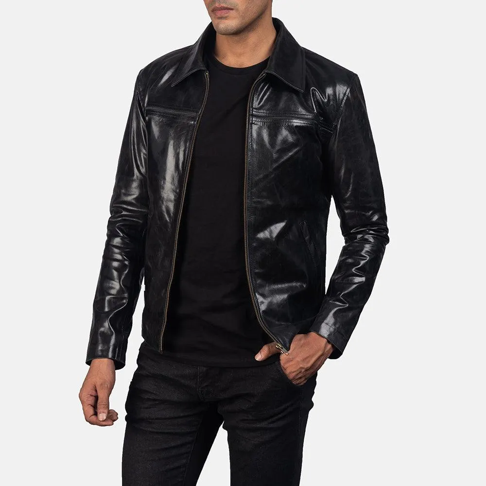 Mens Jet Black Leather Aviatot Jacket