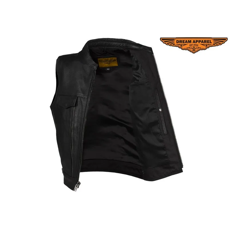 Men's Leather Club Vest With Gun Pocket & Hidden Pockets