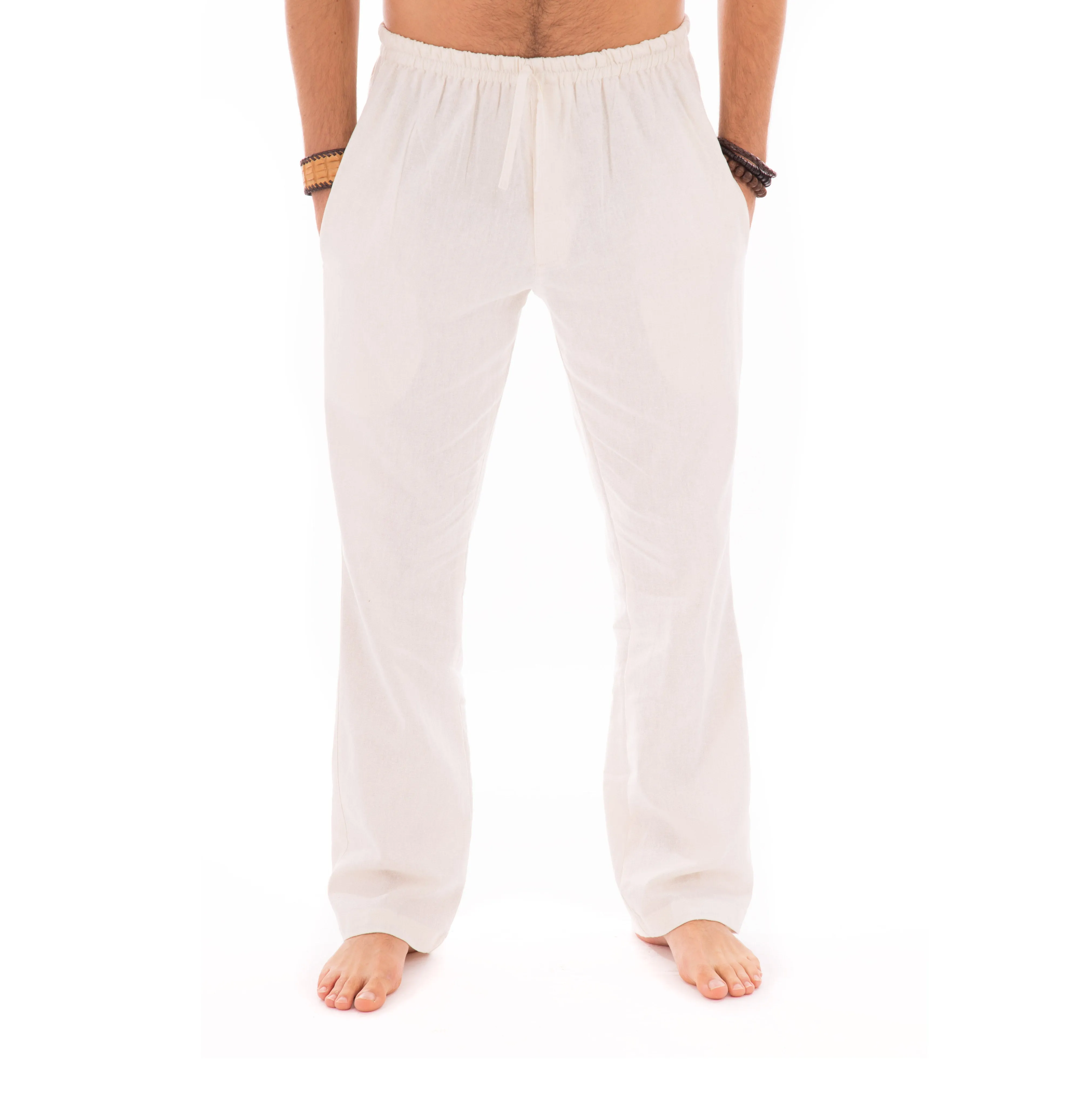 Mens Off White Trousers Cotton Yoga Casual Elasticated Draw String Waist Pockets