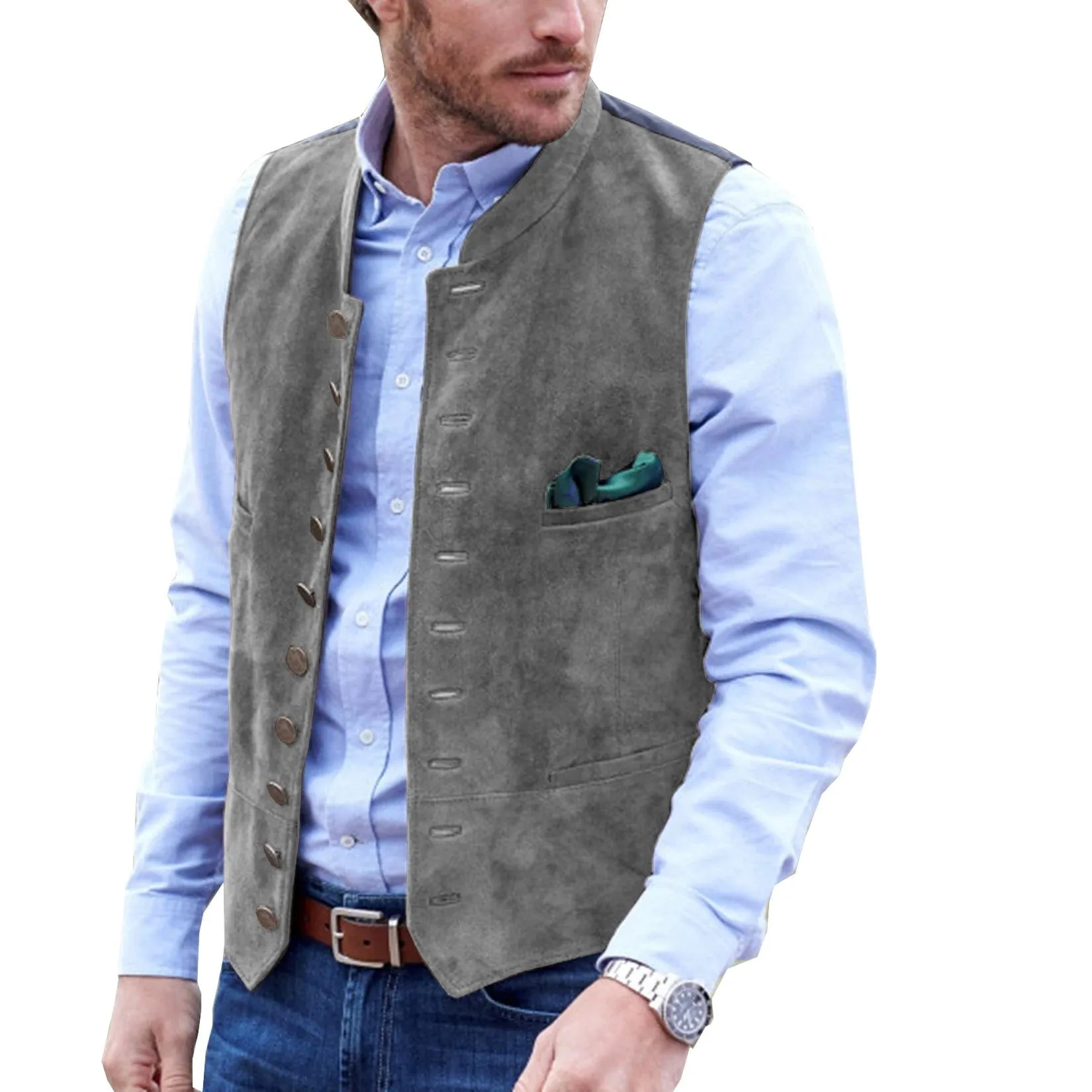 Men's Stand Collar Suede Fashion Waistcoat Denim Jacket