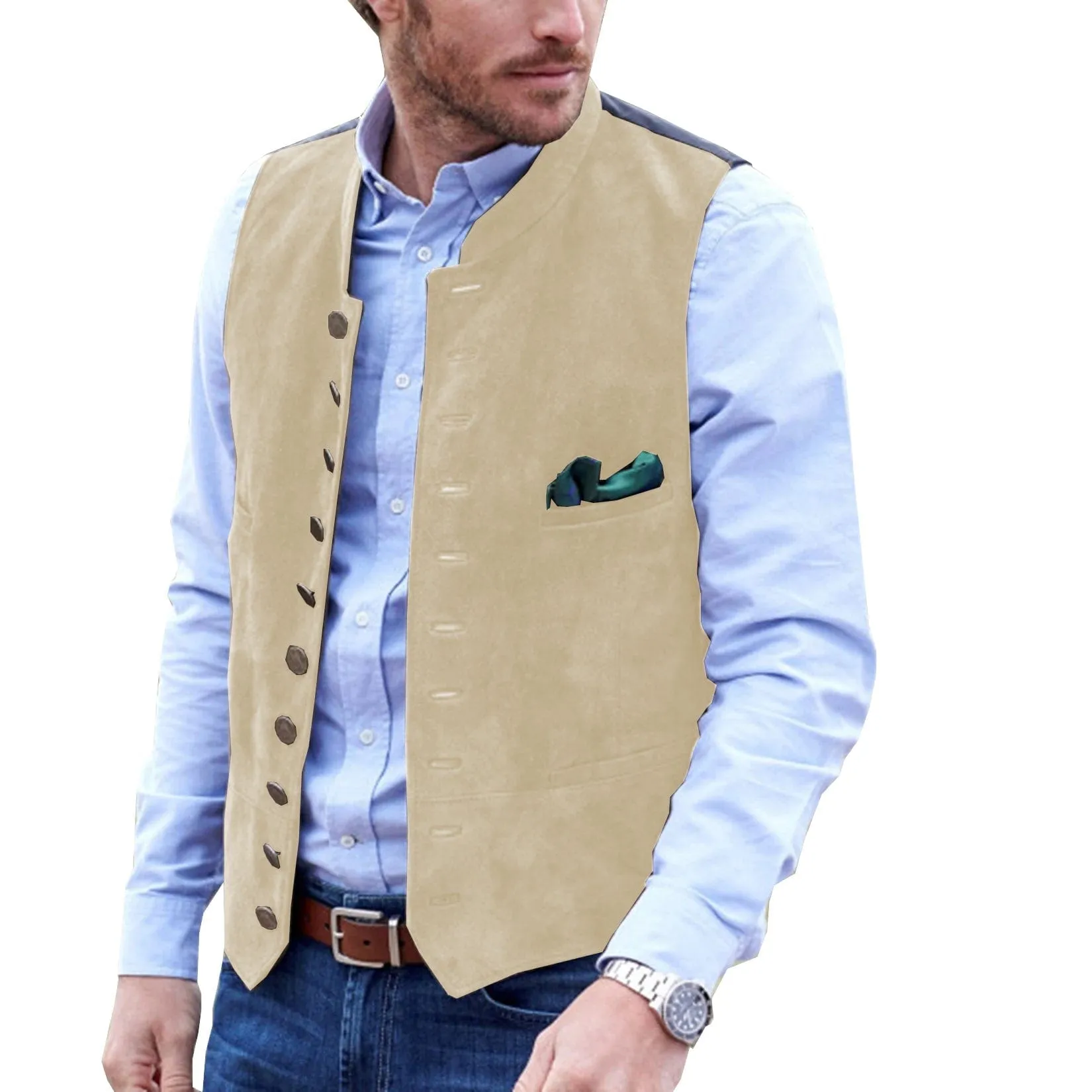 Men's Stand Collar Suede Fashion Waistcoat Denim Jacket