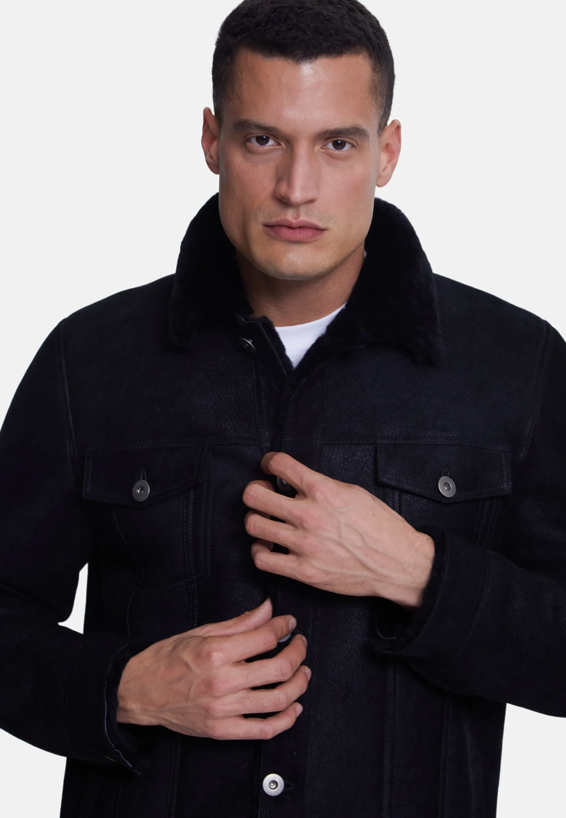 Men's Suede Casual Jacket, Washed Black With Black Wool