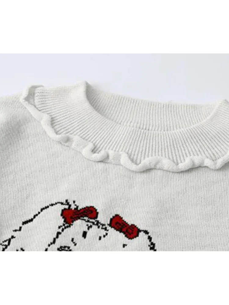 Metaversmall Women Cartoon Dog Embroidery Knitted Sweaters And Pullovers Ruffles Patchwork Girls Knit Jumpe Sweater Jacquard