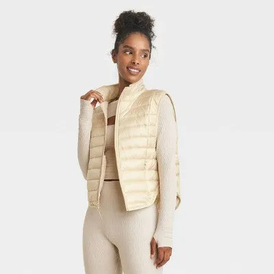 New - Women's Zipper Quilted Relaxed Puffer Vest Poplin Lightweight Stand Up Collar