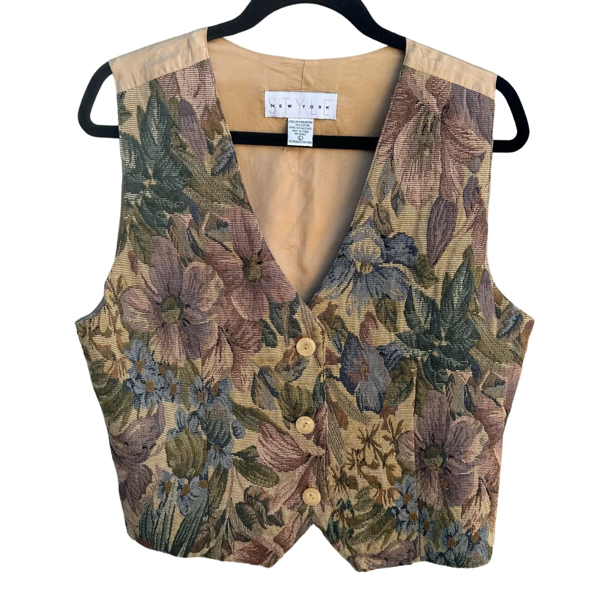 New York Style Vintage 90s Womens Boho Prairie Floral Tapestry Button Down Vest