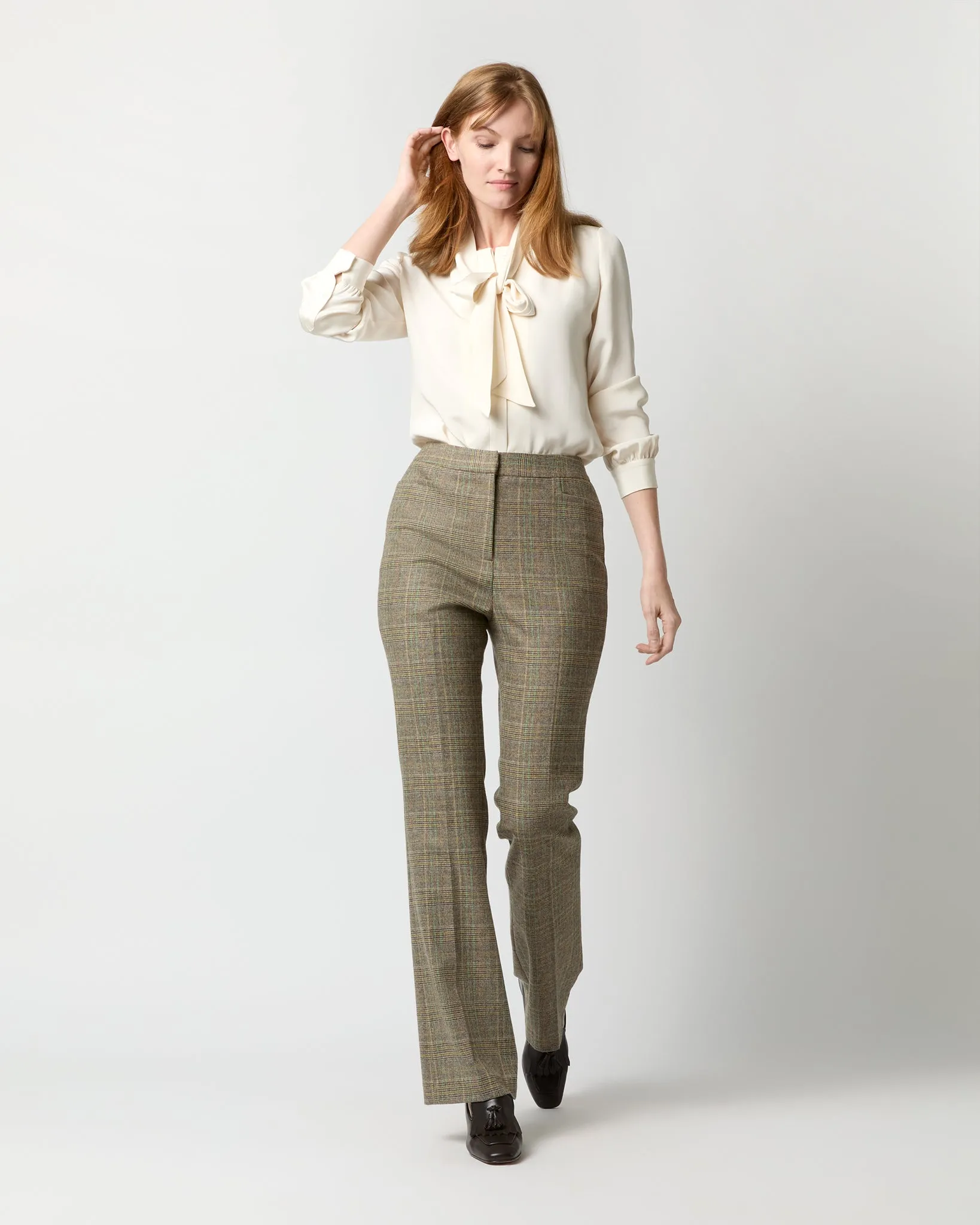 Norah Flare Pant in Brown/Green Plaid Wool Blend