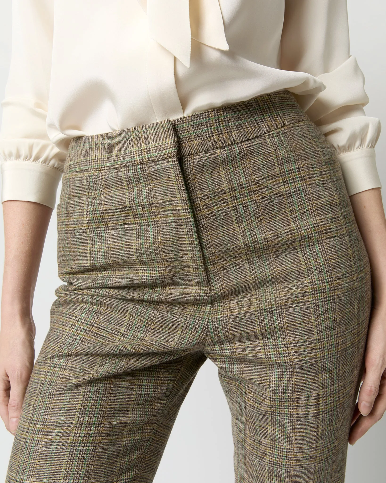 Norah Flare Pant in Brown/Green Plaid Wool Blend