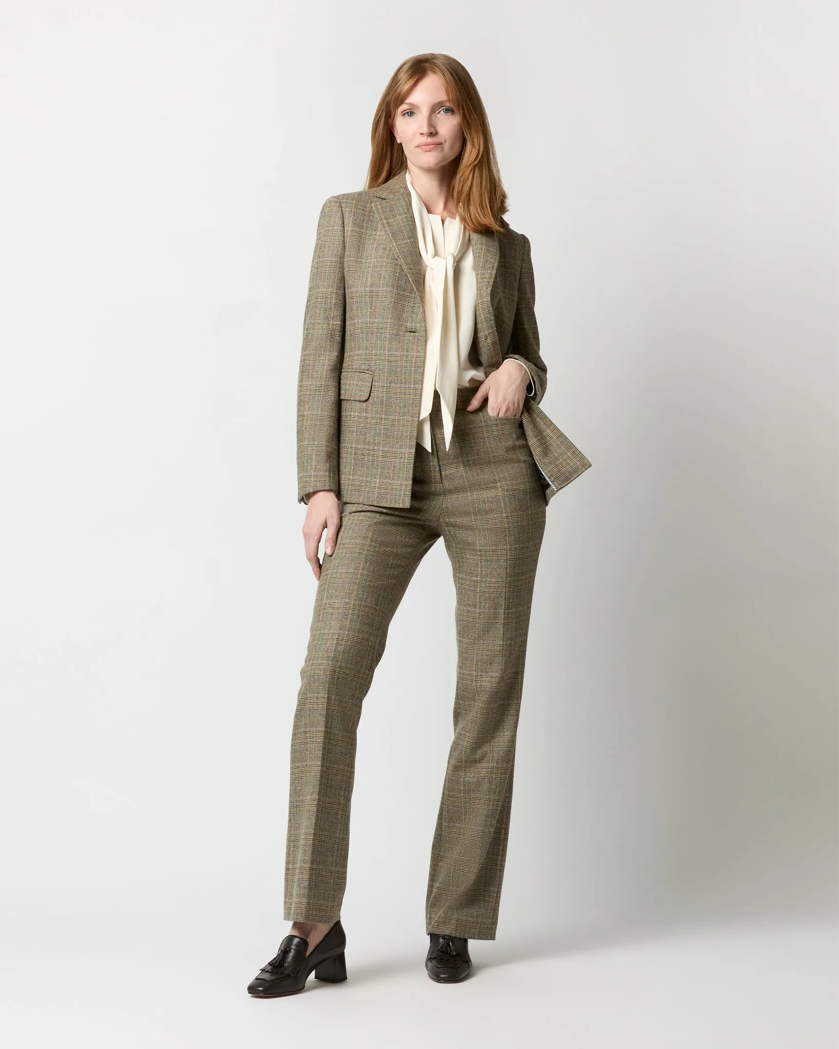 Norah Flare Pant in Brown/Green Plaid Wool Blend